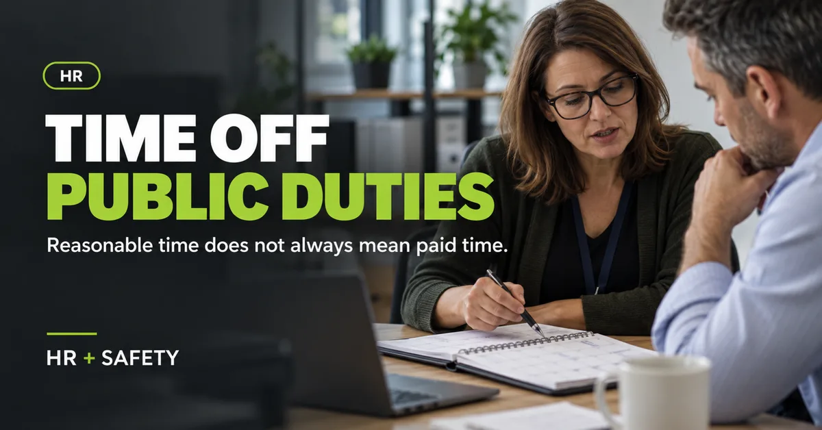 Employee and manager discussing time off for public duties using a workplace calendar