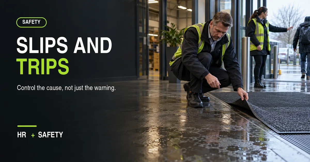 Facilities supervisor checking wet entrance flooring and a raised mat after rain