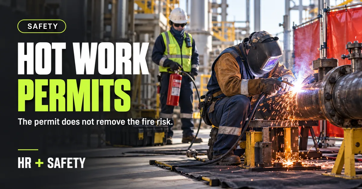 Welder completing controlled hot work while a fire watch stands by with an extinguisher