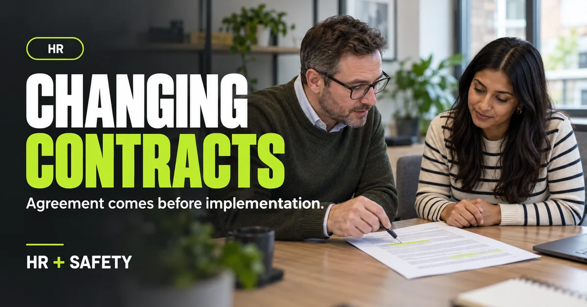 Manager and employee reviewing highlighted changes to an employment contract during a consultation meeting