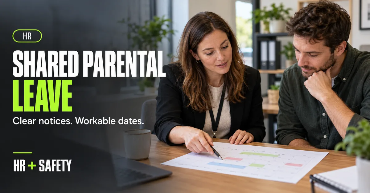 HR manager and employee reviewing shared parental leave dates on a workplace calendar