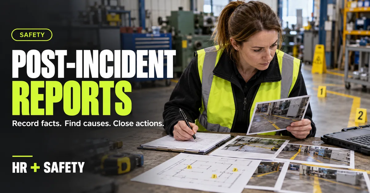 Safety guide to post-incident investigation reports showing an investigator reviewing photographs, notes and a workplace plan