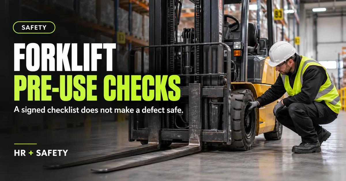 Warehouse worker inspecting the tyre of a stationary forklift before use