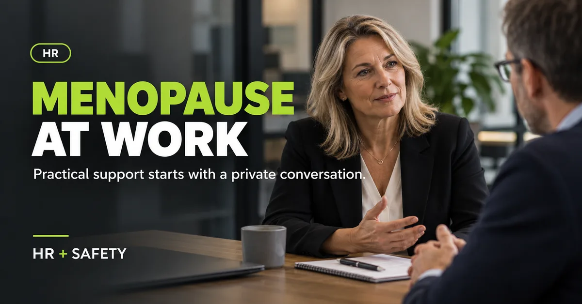 HR guide to menopause at work showing an employee having a private conversation with her manager