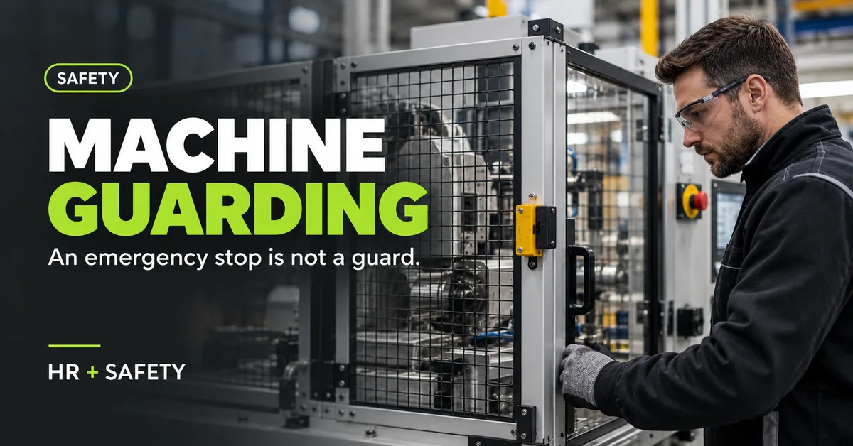 Machine operator beside an industrial production machine with a secure mesh guard
