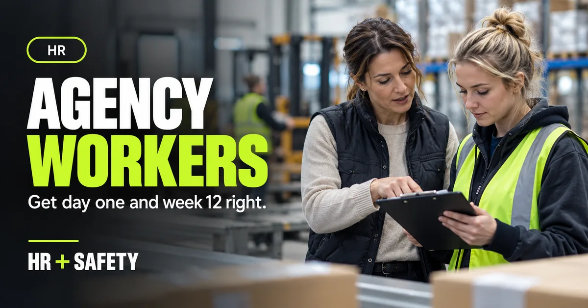 HR guide to agency worker rights showing a manager briefing a temporary worker