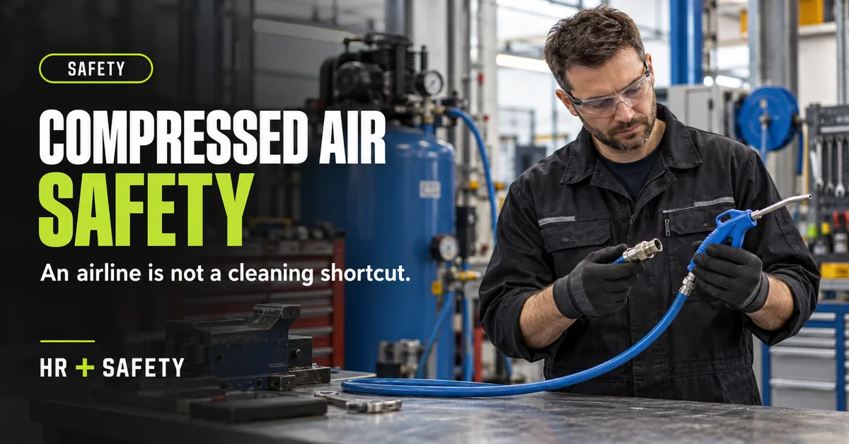 Maintenance technician safely inspecting a disconnected compressed-air hose, coupling and blow gun