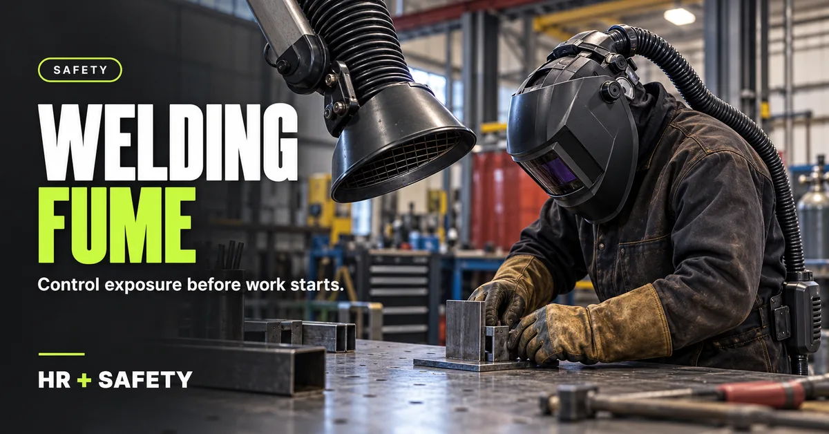 Welder preparing a workpiece with extraction and powered respiratory protection; Welding fume: Control exposure before work starts.