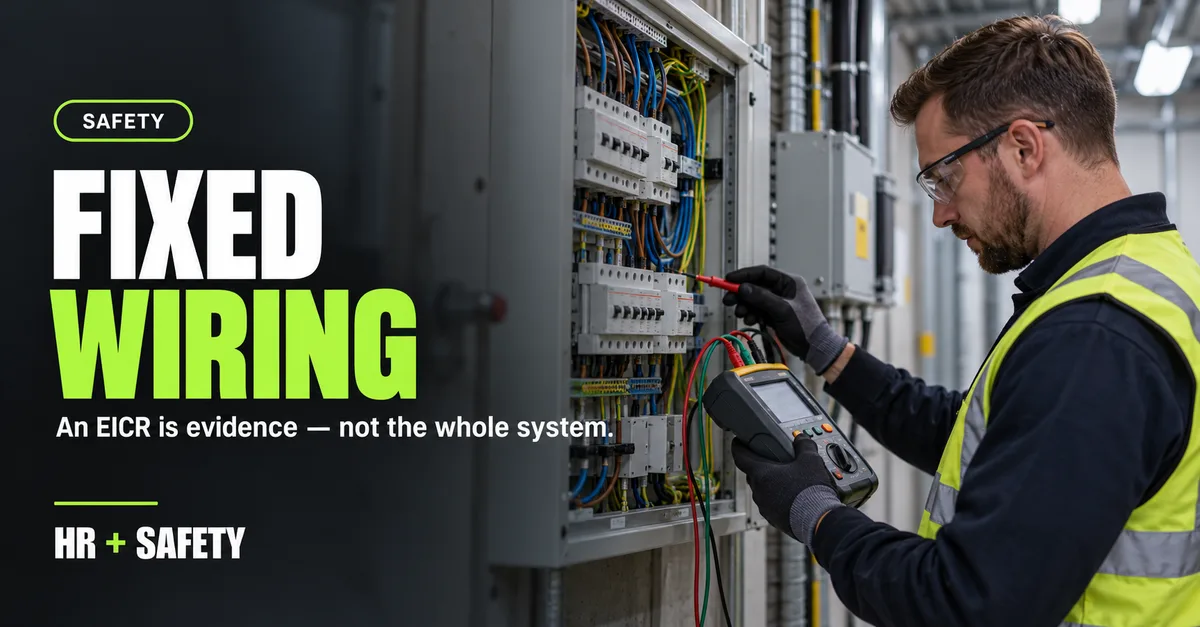Safety guide to workplace fixed-wiring inspections showing an electrician testing a commercial distribution board