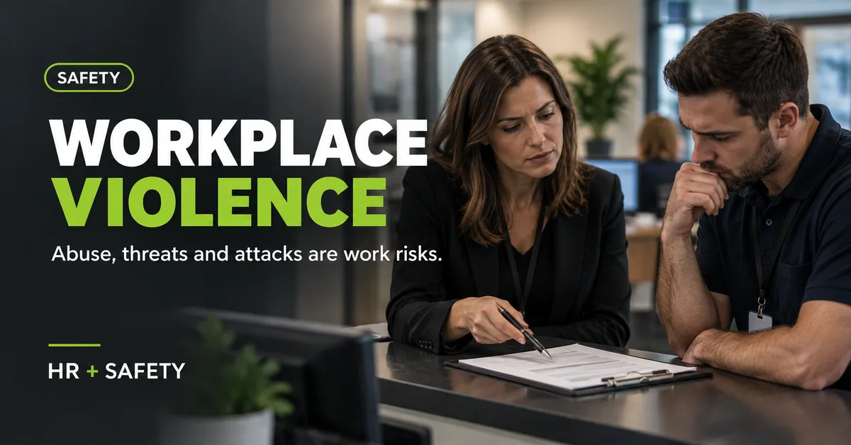 Manager and employee reviewing a workplace violence incident and risk controls at a public-facing reception desk