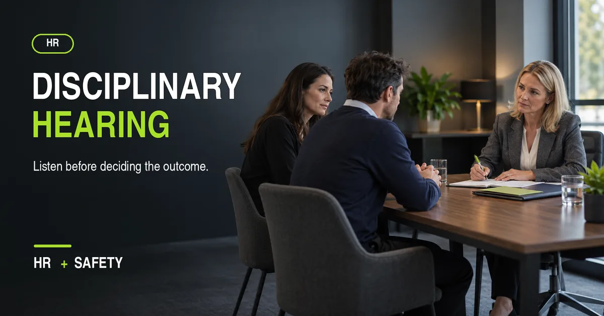 Manager chairing a formal workplace meeting with an employee and companion