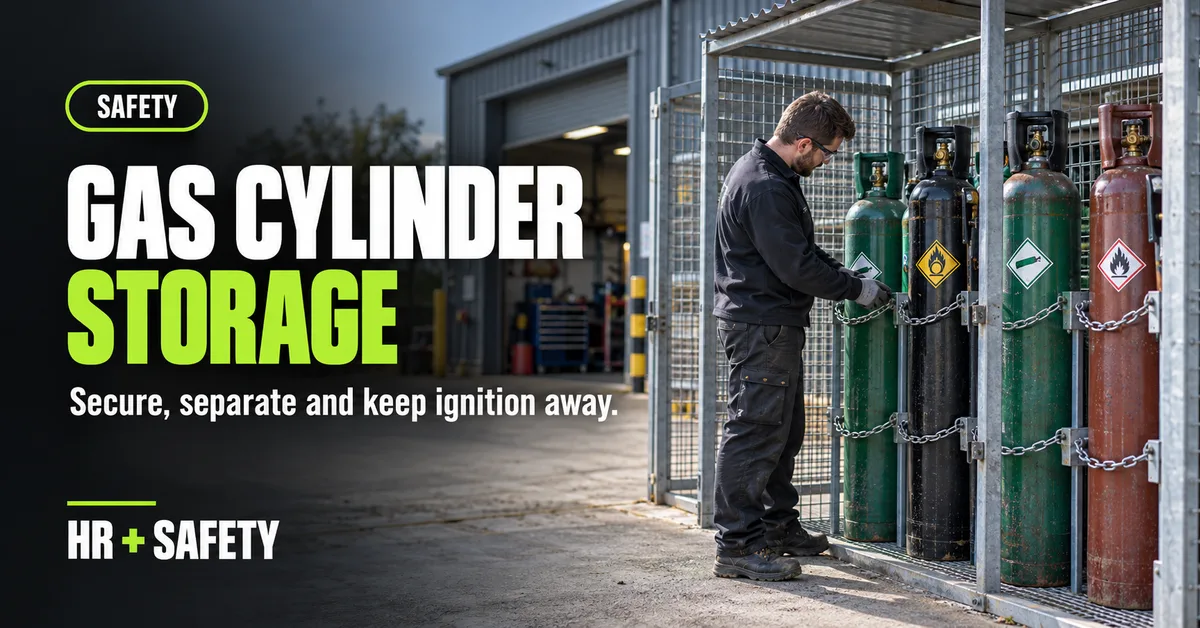Worker inspecting upright gas cylinders secured in a ventilated outdoor storage cage