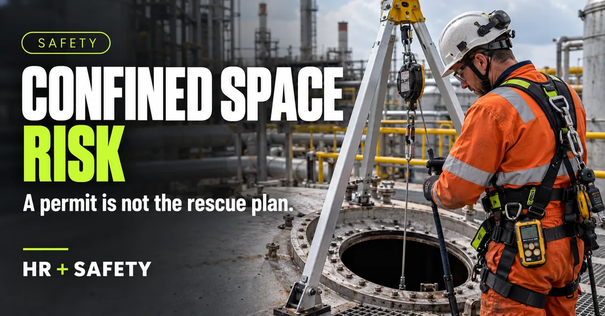 Confined-space worker checking rescue and gas-monitoring equipment beside an industrial vessel opening