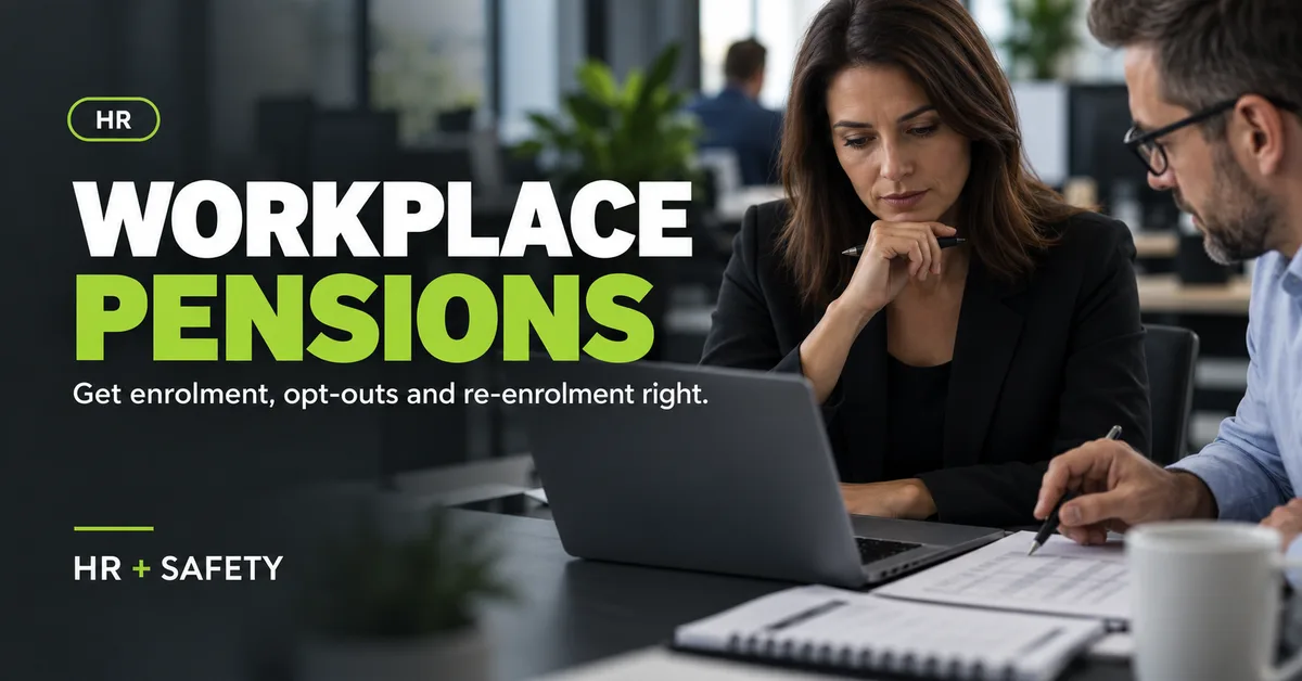 HR guide to workplace pension auto-enrolment showing managers reviewing payroll records