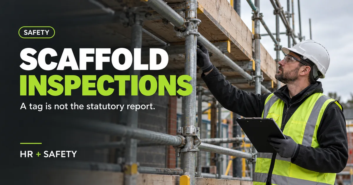 Competent scaffold inspector checking a tube-and-fitting access scaffold while holding an inspection report
