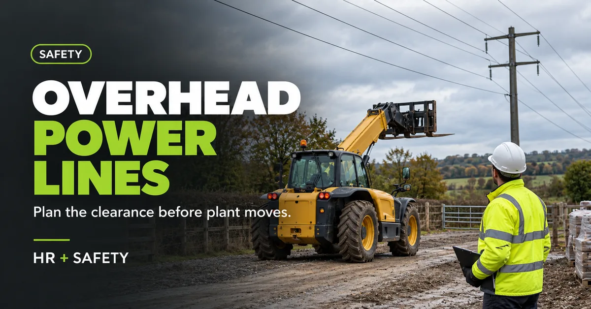 Safety guide to overhead power lines showing a supervisor checking a telehandler route beneath visible electricity lines