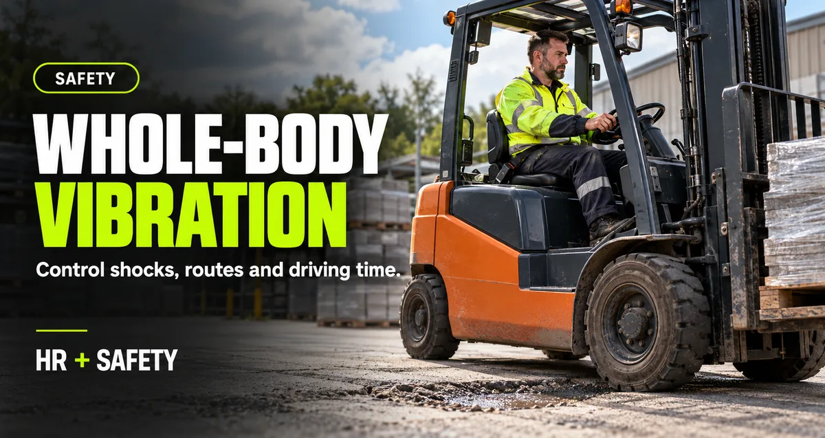 Safety guide to whole-body vibration showing a forklift operator driving across an uneven industrial yard