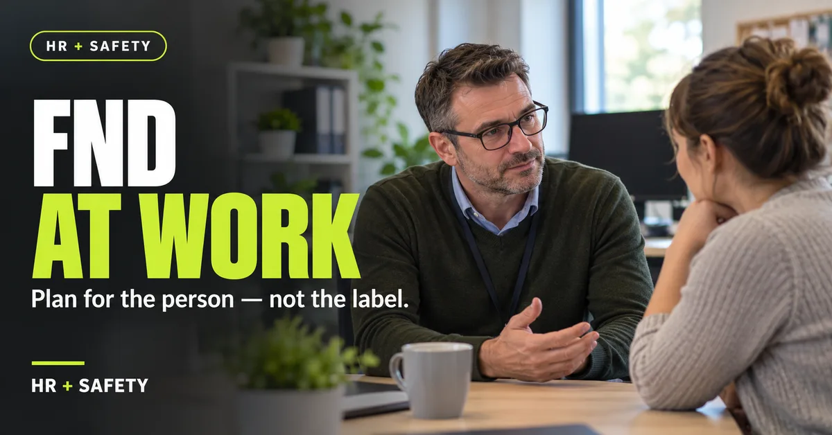 HR and safety guide to FND at work showing a manager having a supportive private conversation with an employee