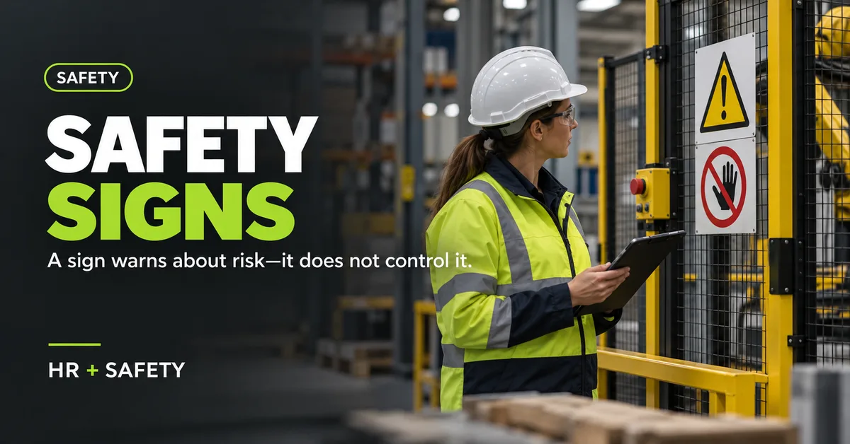 Safety manager checking warning and prohibition signs at a guarded machinery area