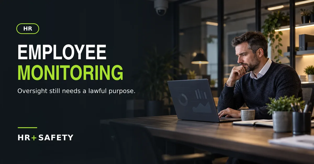 Manager reviewing workplace analytics beneath an HR employee monitoring headline