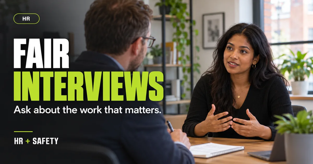 HR fair interview questions guide with a manager and candidate at a workplace interview