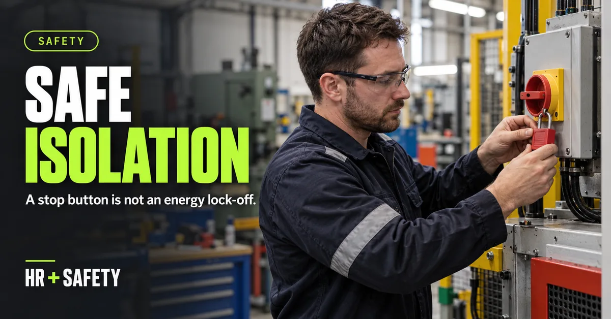 Maintenance technician applying a personal padlock to a machine energy isolator