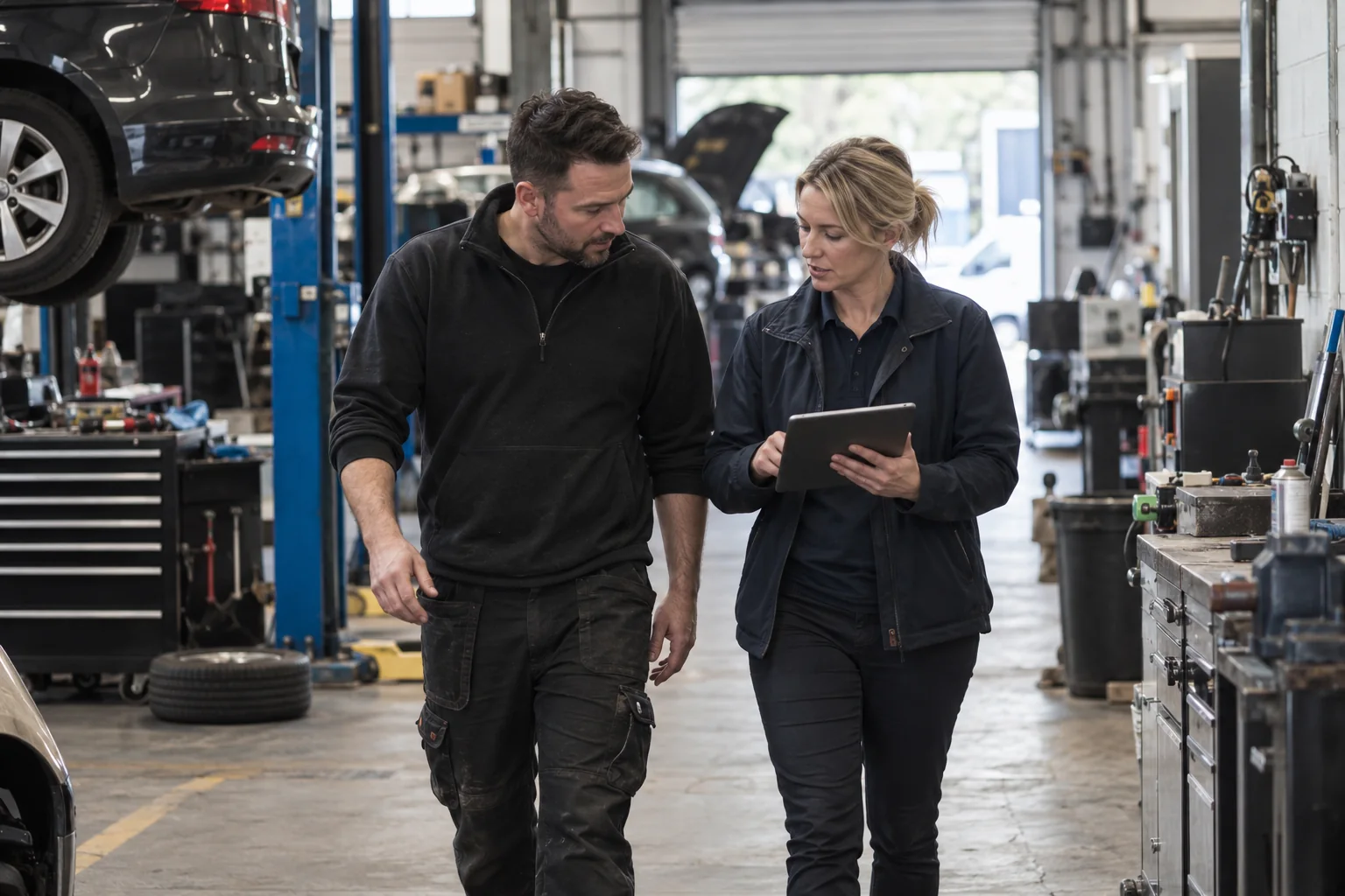 A health and safety adviser reviewing workplace arrangements with a manager in a light-industrial workshop